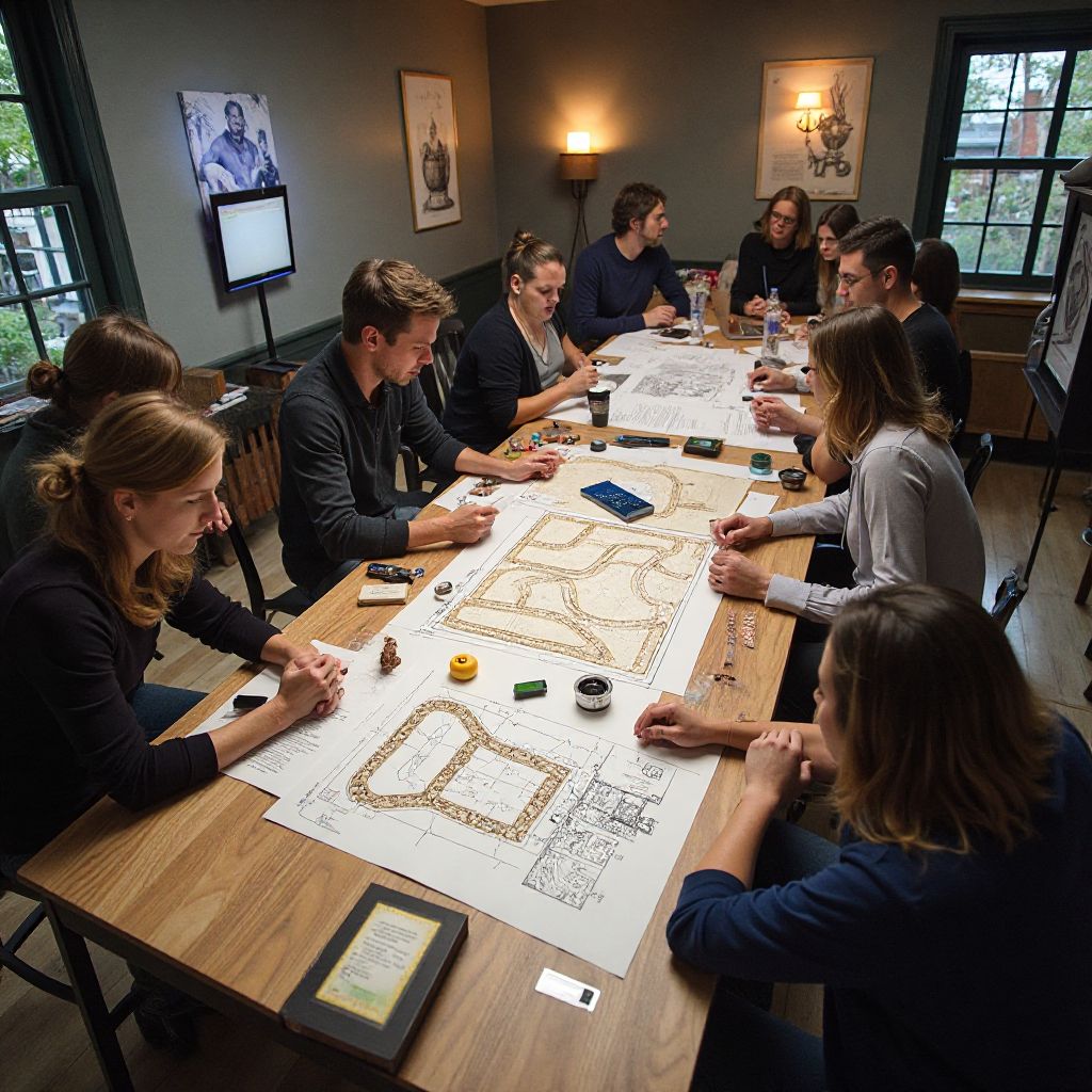 Team members collaborating on escape room design